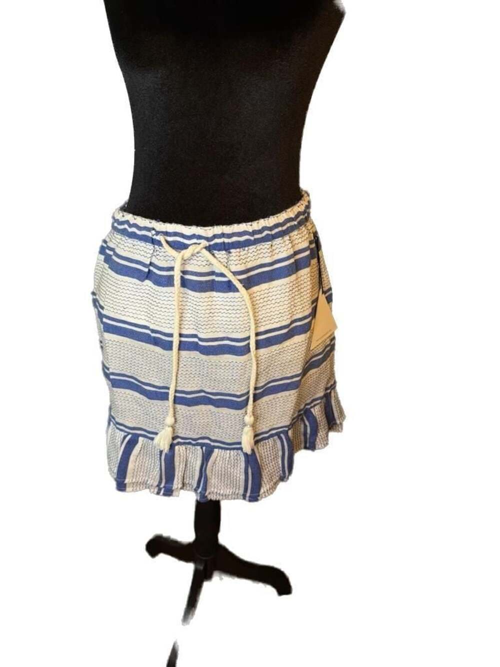 Lost + Wander Blue and White Striped Ruffle Mini Skirt with Tassel Drawstring